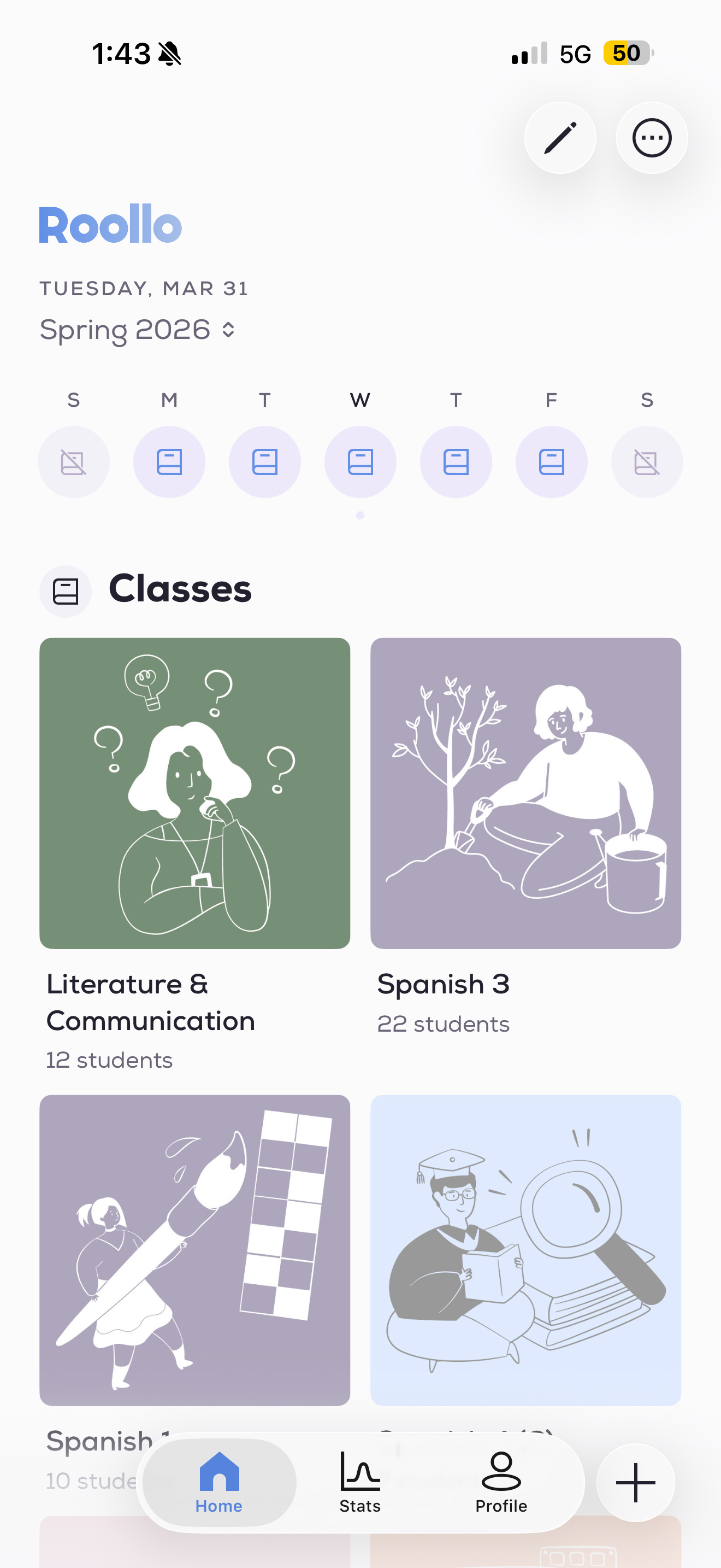 Roollo app home screen showing class cards